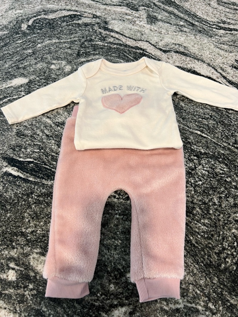 Bon Bebe Cream Top with Pink Heart & Pink Plush Pants Kids Matching Set